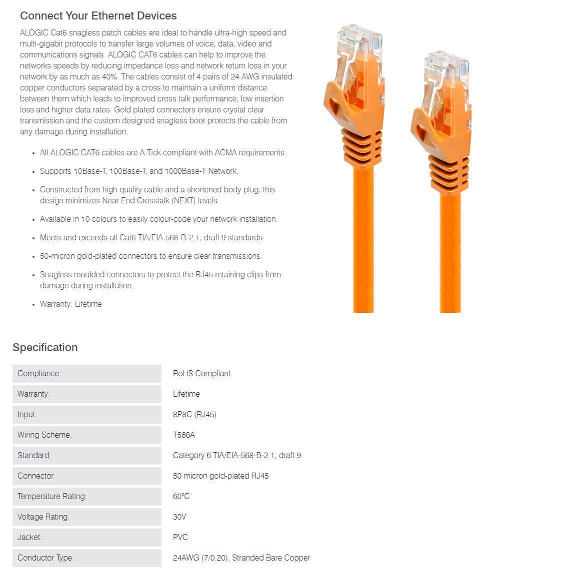 Alogic 1m Orange CAT6 Network Cable 8P8C RJ45 PVC RoHS Snagless C6-01-Orange