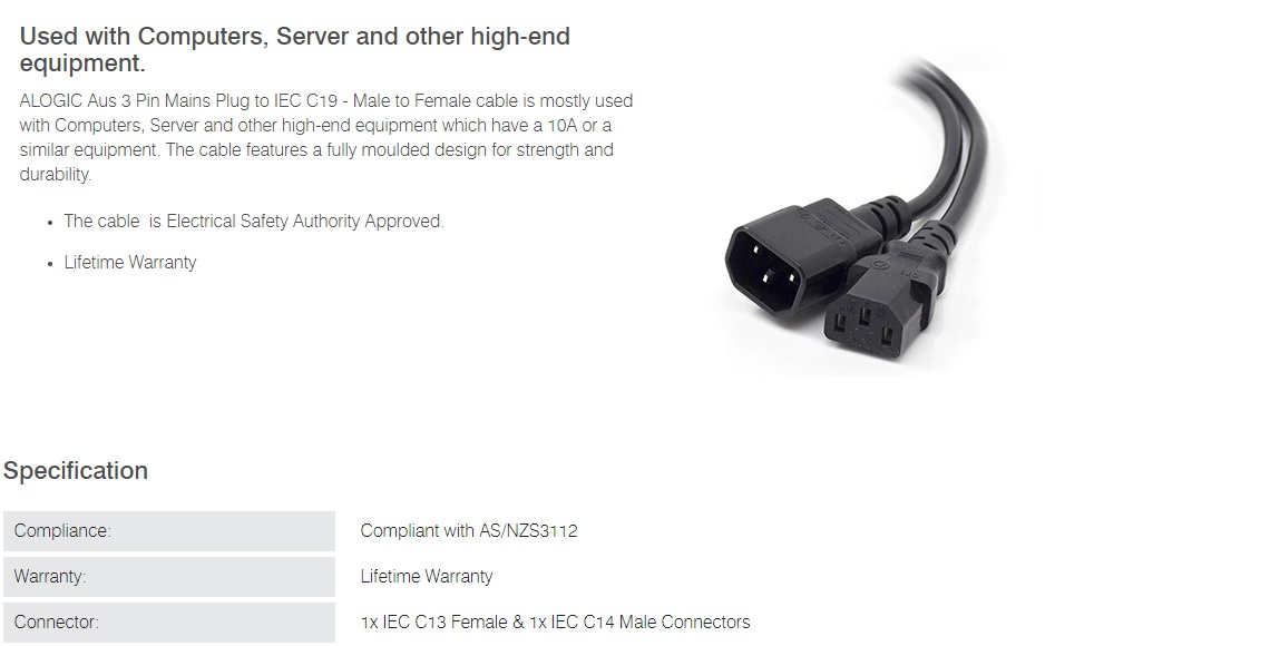Alogic 10m Computer Power Extension Cable Cord IEC C13 to IEC C14 MF-C13C14-10