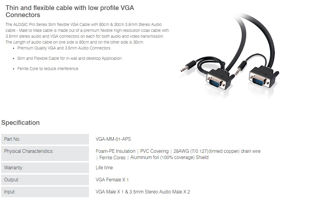 Alogic 20m Slim flexible VGA Cable with 3.5mm Stereo Audio Cable VGA-MM-20-APS