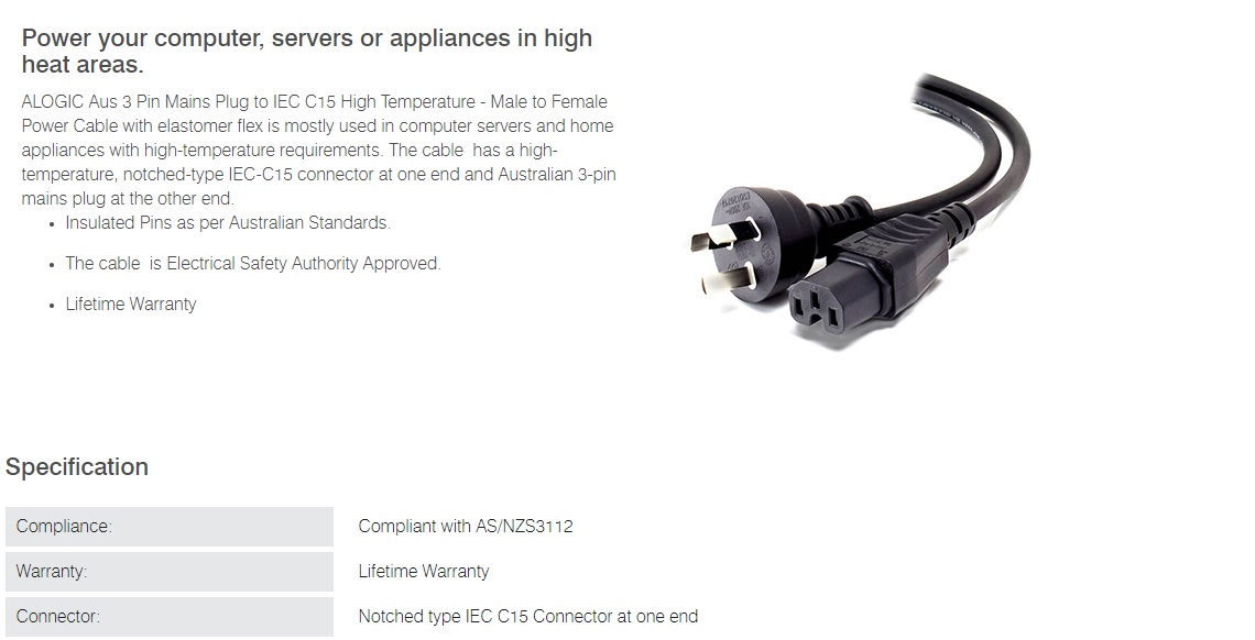 Alogic 2m Aus 3 Pin Mains Plug to IEC C15 High Temperature Cable MF-3PC15-02