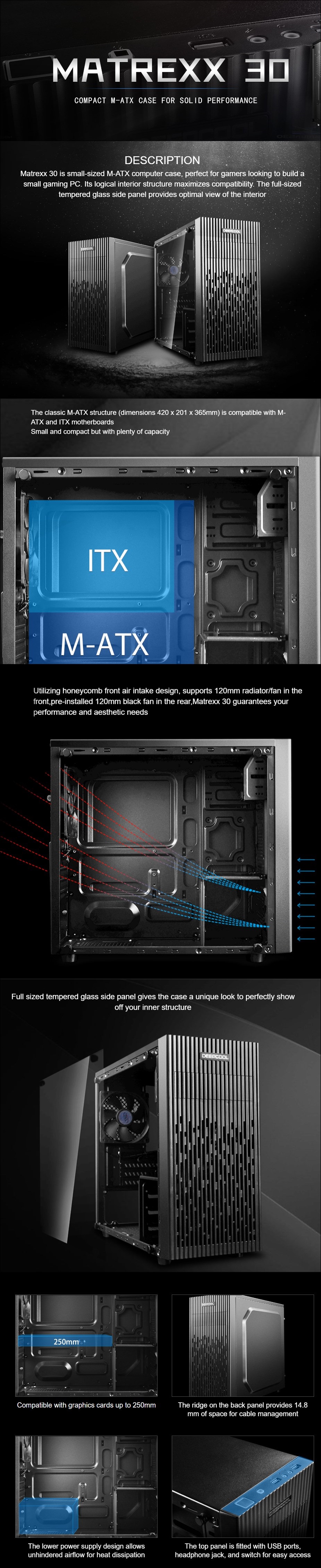 DeepCool Matrexx 30 Full Tempered Glass Side Panel M-ATX Case 1x 120mm Black Fan