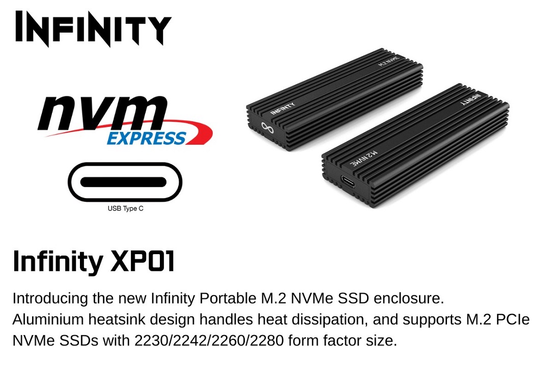 Infinity Portable USB-C SSD Enclosure for M.2 PCIe NVMe 2280/2260/2242/2230 SSD