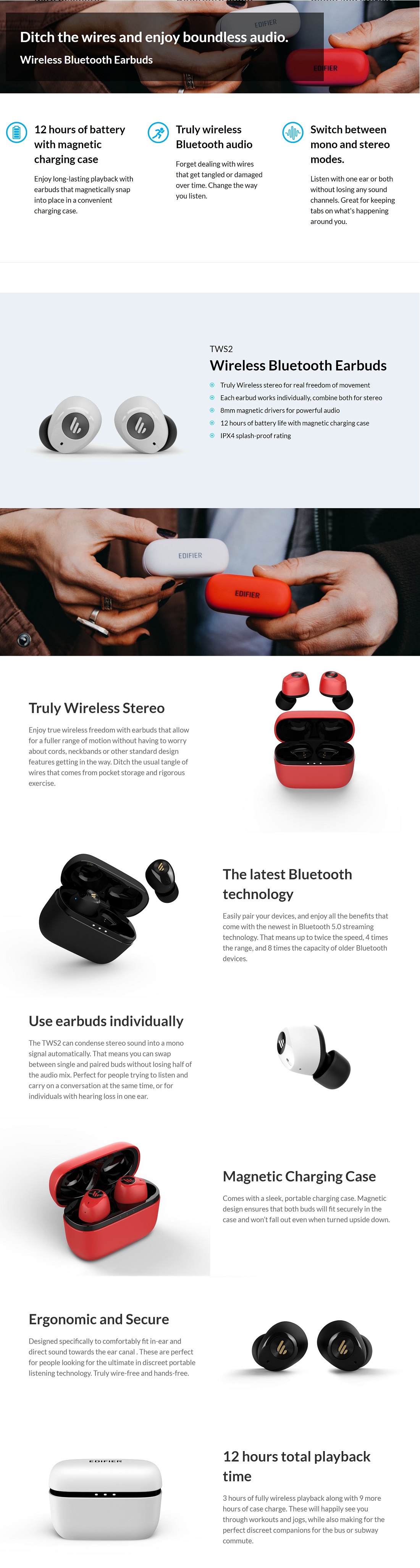 Edifier TWS1 Bluetooth Wireless Earbuds - WHITE/Dual BT Connectivity/Wireless Ch