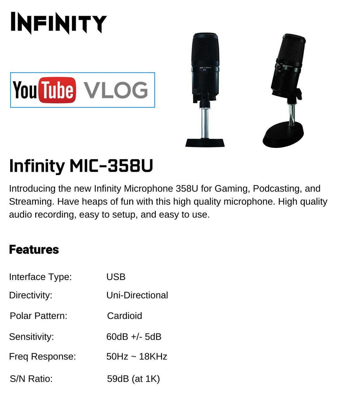 Infinity MIC-358U USB Microphone for Streaming & Podcasting Supports Windows/Mac