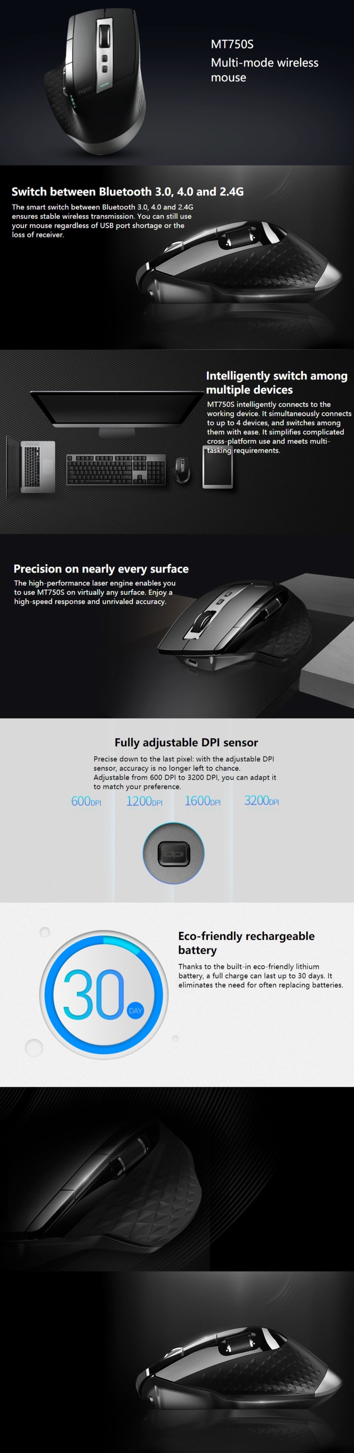 Rapoo MT750S Multi-Mode Bluetooth & 2.4G Wireless Mouse with Rechargeable Battery