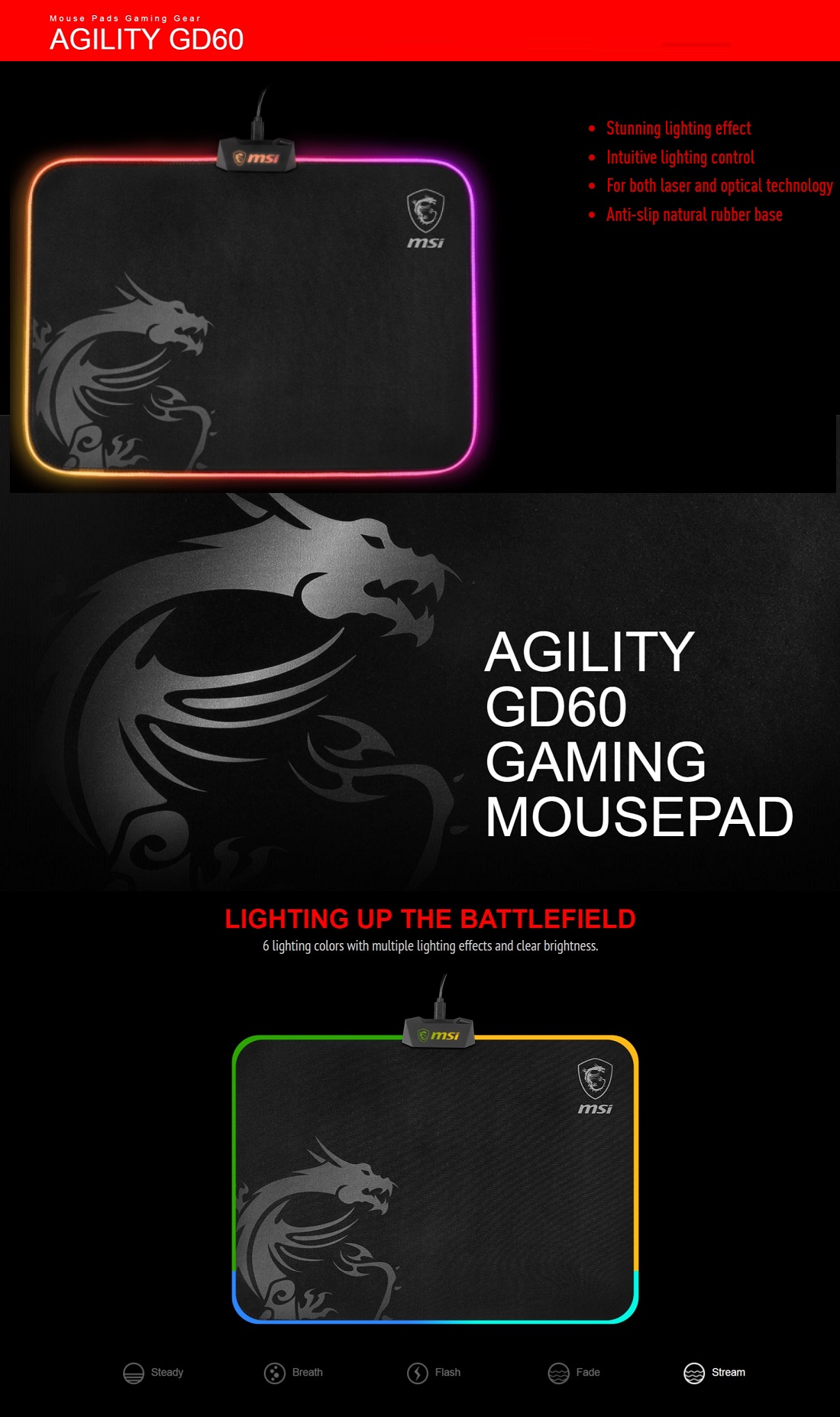 MSI Agility GD60 RGB Gaming Mousepad Micro-textured Cloth Surface 900*400*4mm