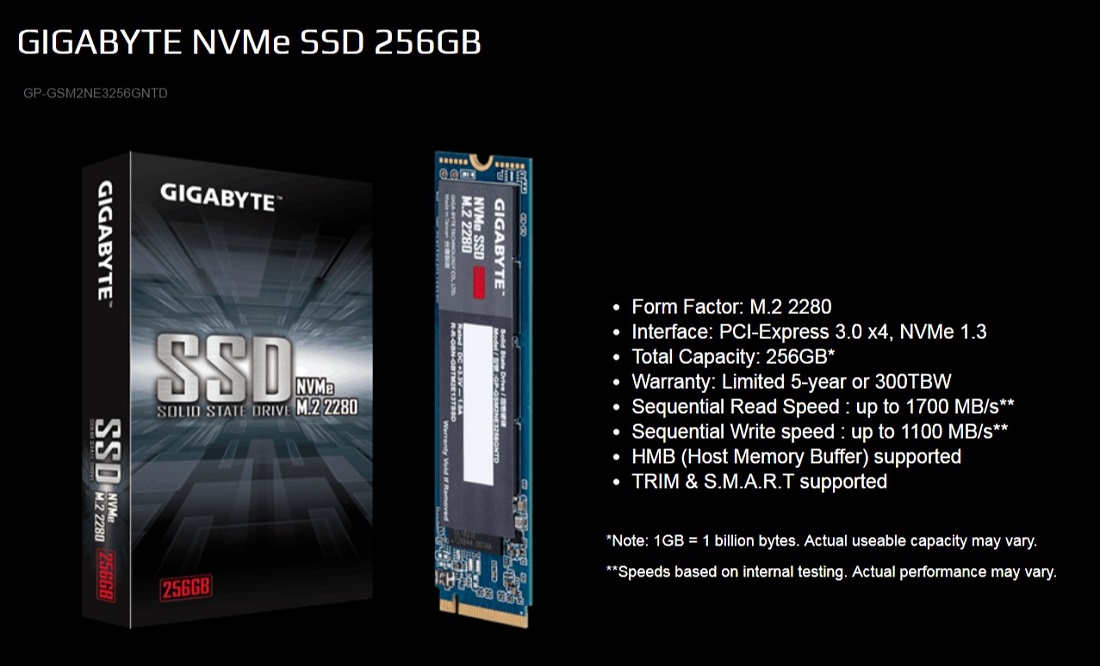 Gigabyte 256GB M.2 2280 PCIe NVMe SSD TRIM & S.M.A.R.T Solid State Drive 5yrs Wty