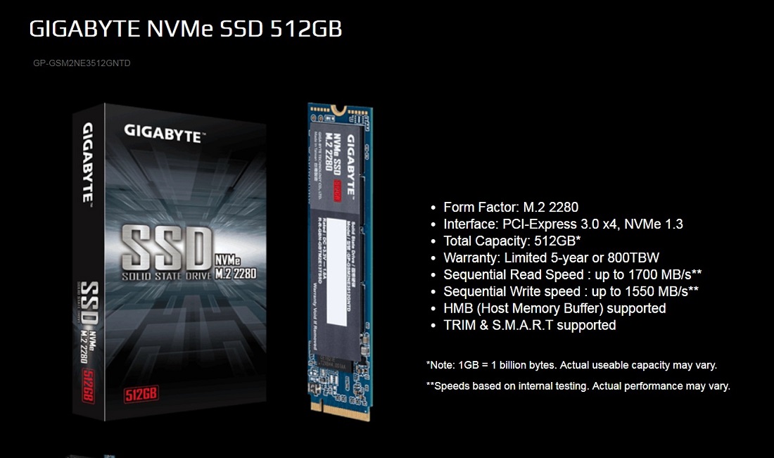 Gigabyte 512GB M.2 2280 PCIe NVMe SSD TRIM & S.M.A.R.T Solid State Drive 5yrs Wty
