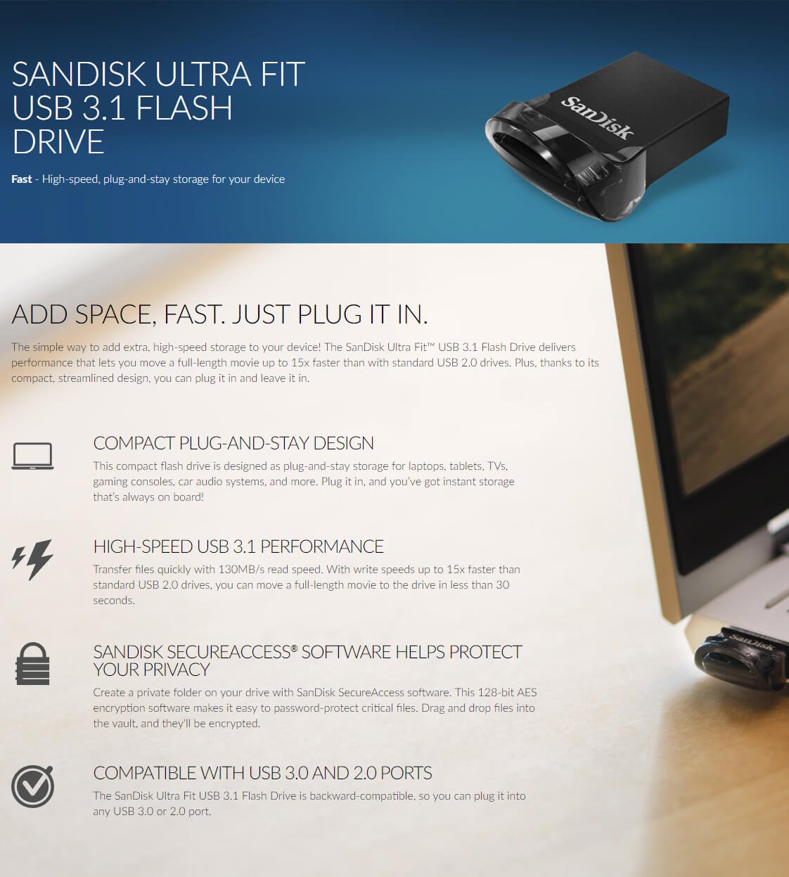 SanDisk Ultra Fit USB 3.1 Flash Drive 256GB USB3.1 Black SDCZ430-256G-G46