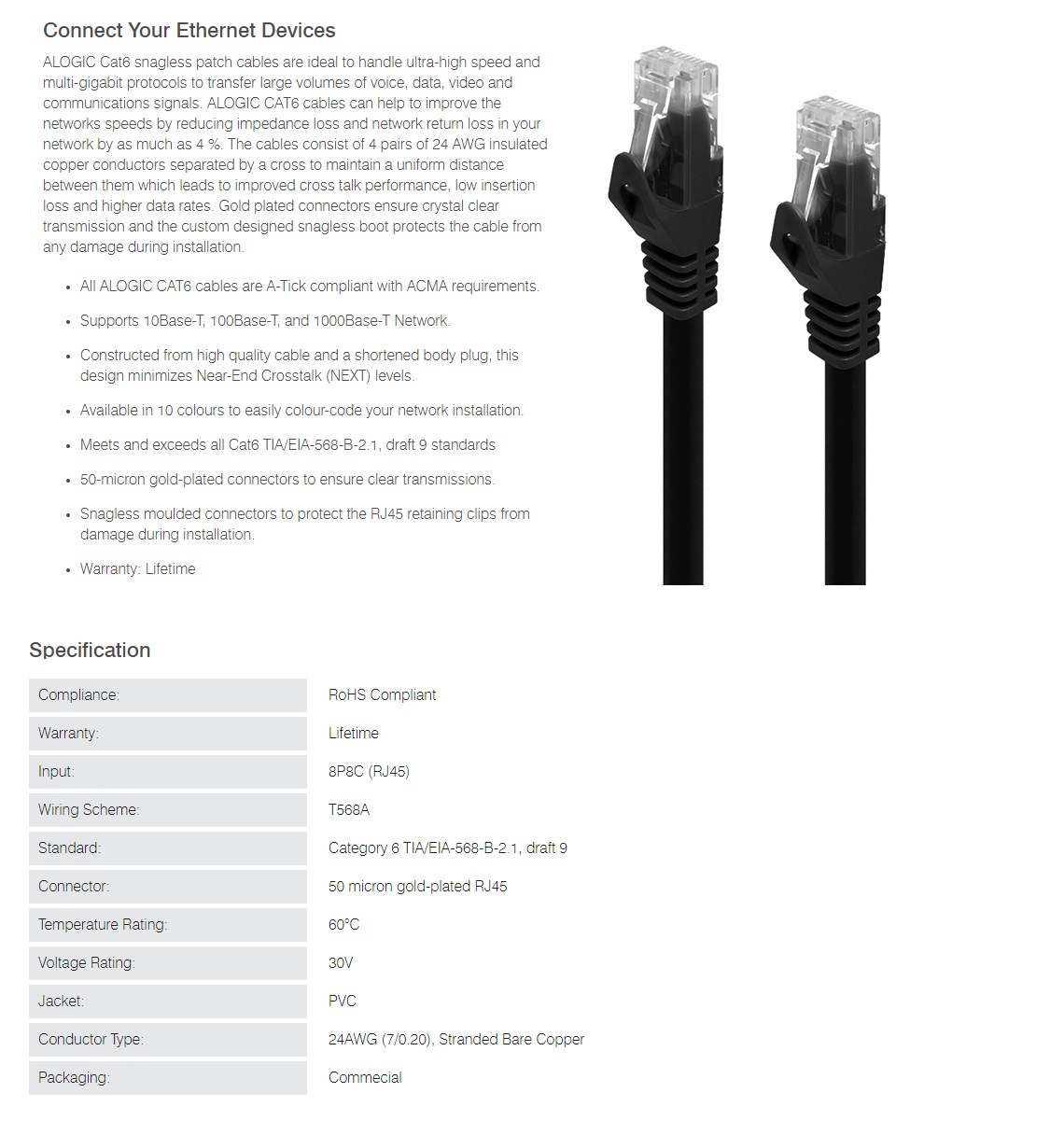 Alogic 2.5m Black CAT6 Network Cable 8P8C RJ45 PVC RoHS Snagless C6-2.5-Black