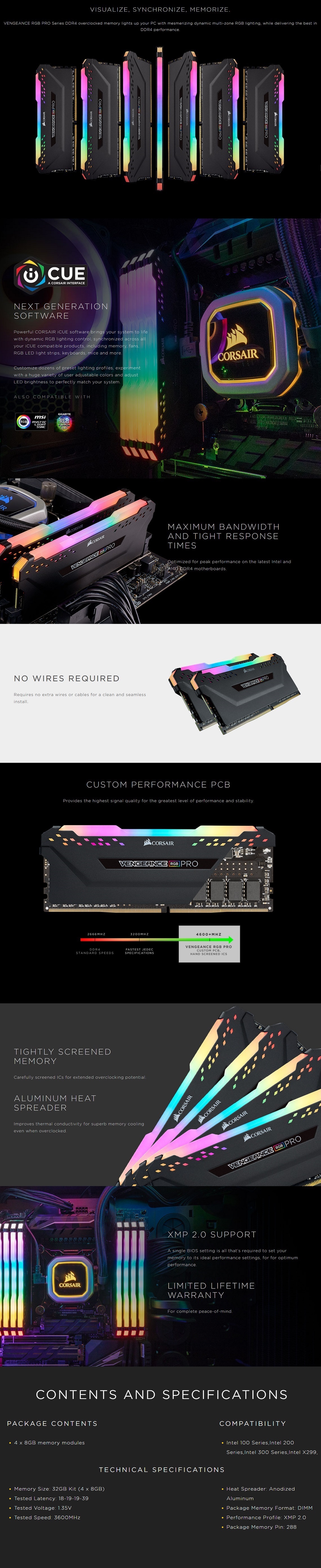 Corsair Vengeance RGB PRO 32GB (4x8GB) DDR4 3600MHz C18 Desktop Gaming Memory