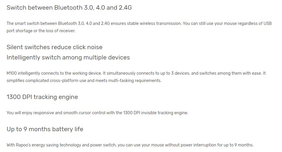 Rapoo M100 2.4GHz & Bluetooth 3 / 4 Quiet Click Wireless Mouse Black - 1300dp AU