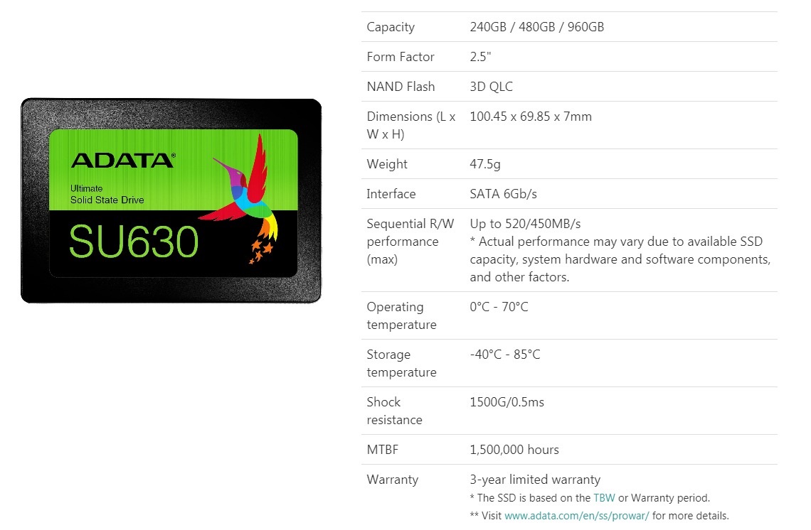 Adata 240GB Ultimate SU630 Solid State Drive QLC 3D NAND Flash SATA 2.5