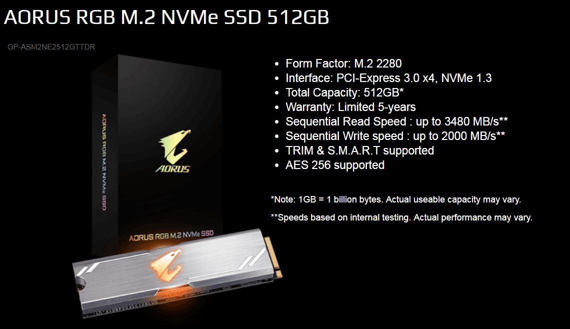 Gigabyte 512GB 3D NAND TLC Aorus RGB M.2 PCIe NVMe SSD Up to 3480/2000 MB/s