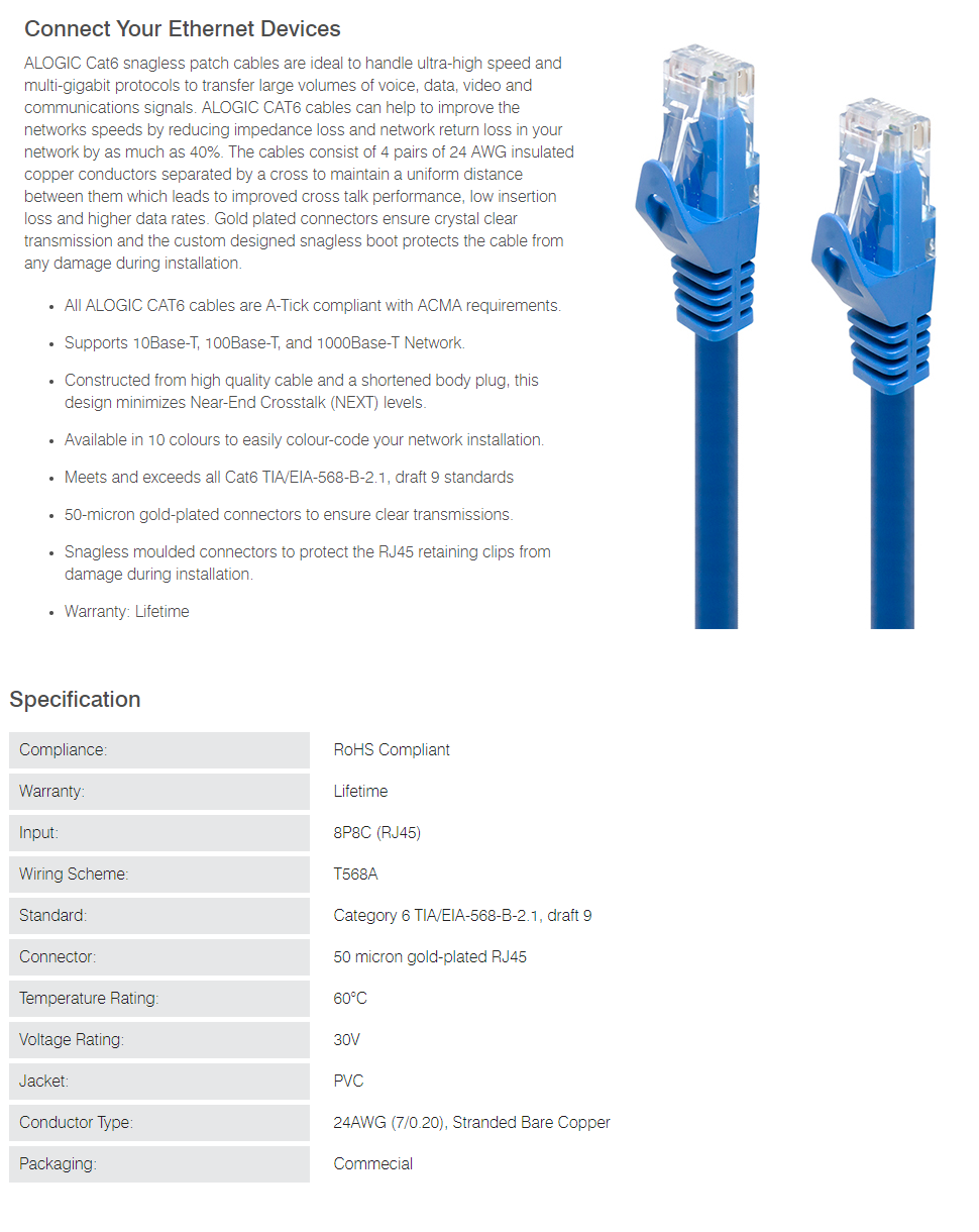 Alogic CAT6 Network Cable Lifetime Warranty 10 Colors Available from 0.3m to 50m